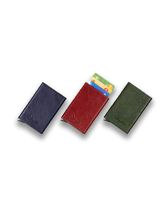 Tarjetero Papillon de cuero y aluminio, bloqueo RFID, varios colores, 6 ranuras para tarjetas, diseño compacto, hecho a mano