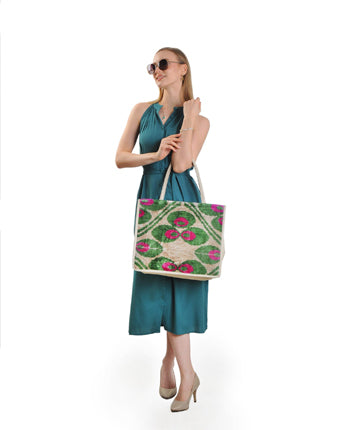 Jkel Large Tote Bag Gemma, Hand-Loomed Silk, Genuine Leather, Spacious, Durable, Handmade