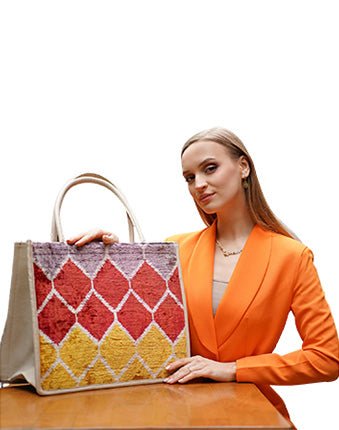 Jkel Large Tote Bag Rachel, Hand-Loomed Silk, Genuine Leather, Spacious, Durable, Handmade