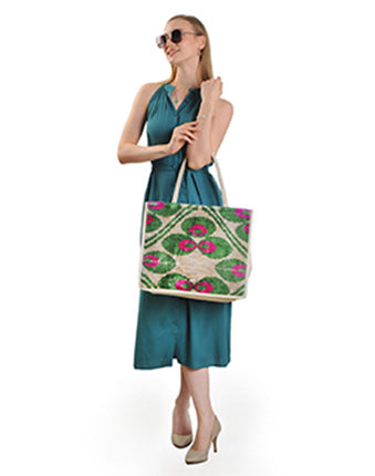 Jkel Large Tote Bag Gemma, Hand-Loomed Silk, Genuine Leather, Spacious, Durable, Handmade